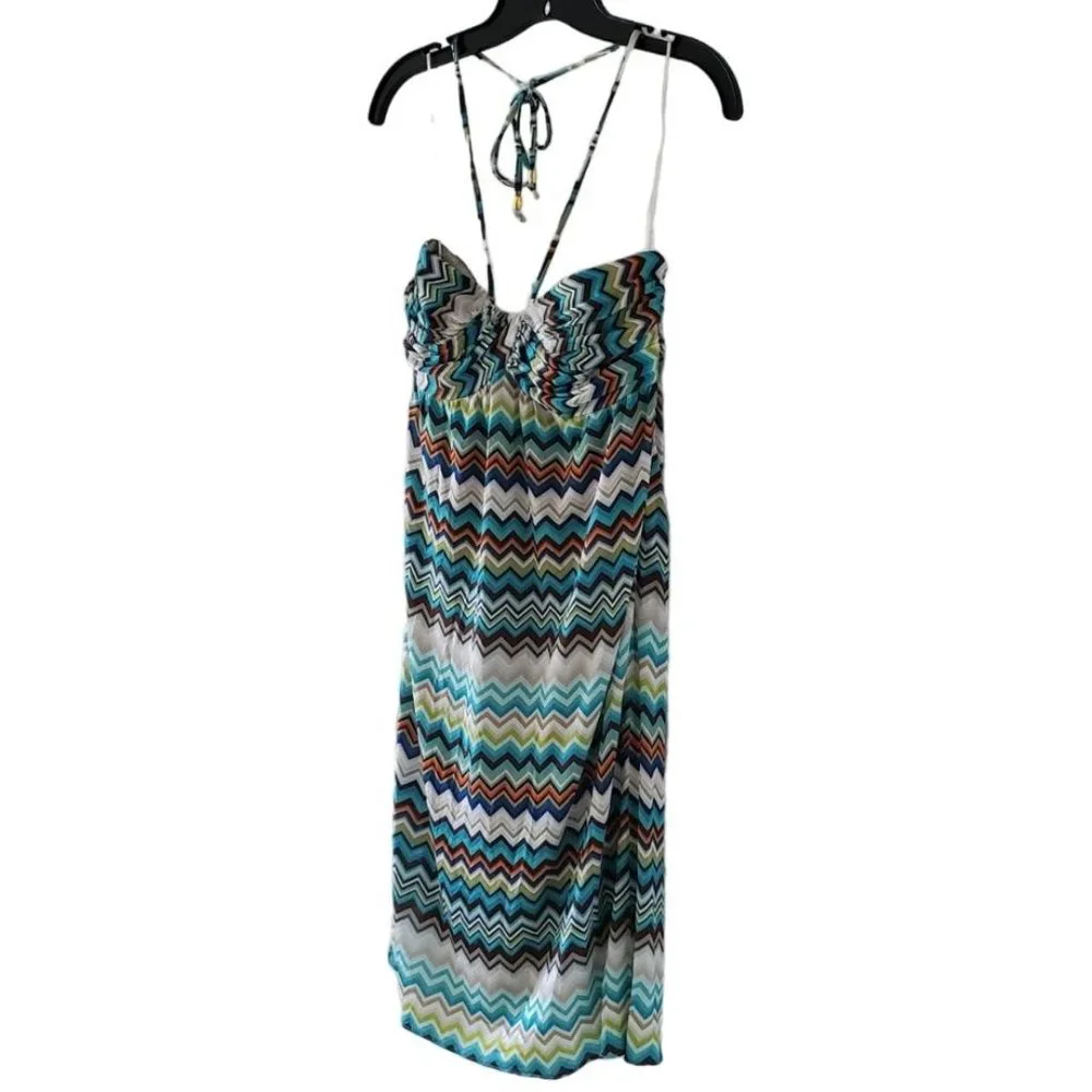 Trina Turk Ruched Sweetheart Halter Midi Dress | EUC | 6 | Blue Tan Multicolor - Picture 8 of 15